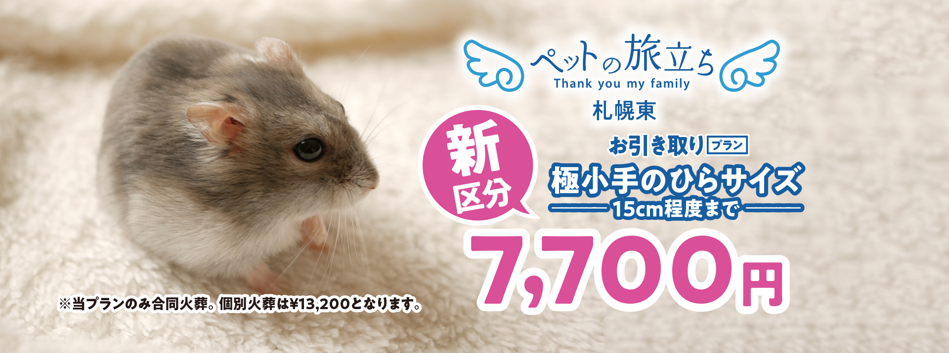 お引き取りプラン極小手のひらサイズ(15cm程度まで)は7,700円。※当プランのみ合同火葬。個別火葬は¥13,200となります。